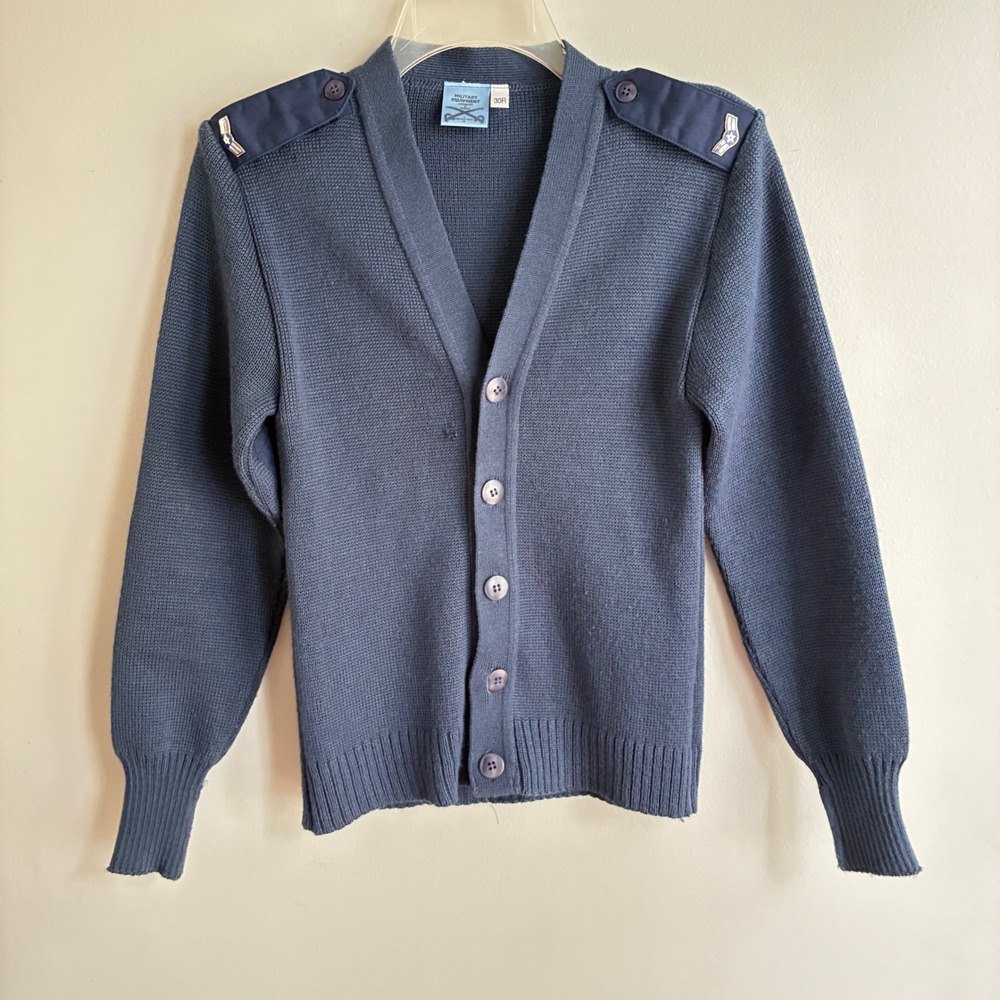 Military Equipment Cardigan Sweater Mens 30R Blue Epaulets Elbow Patch Utility